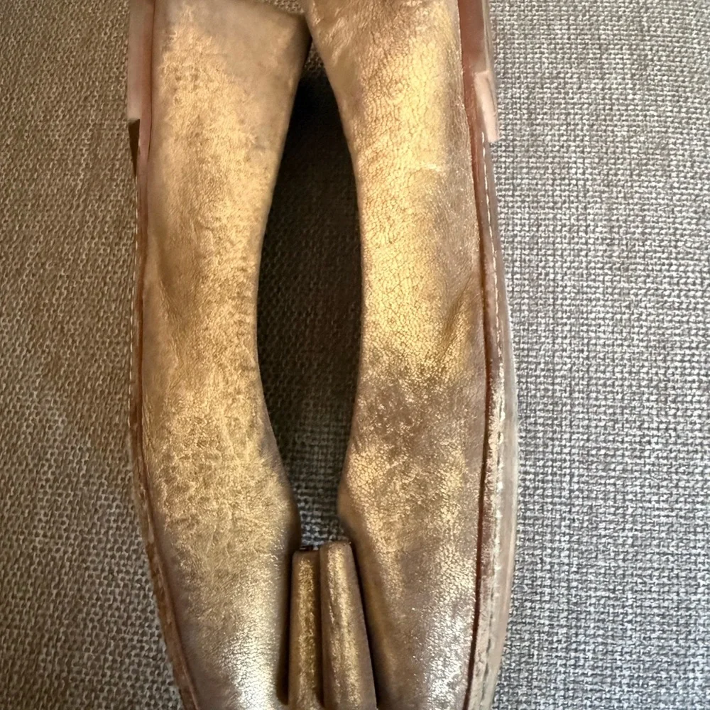 Tory Burch Gold Metallic Bow Leather Ballet Flats with Logo Plaque